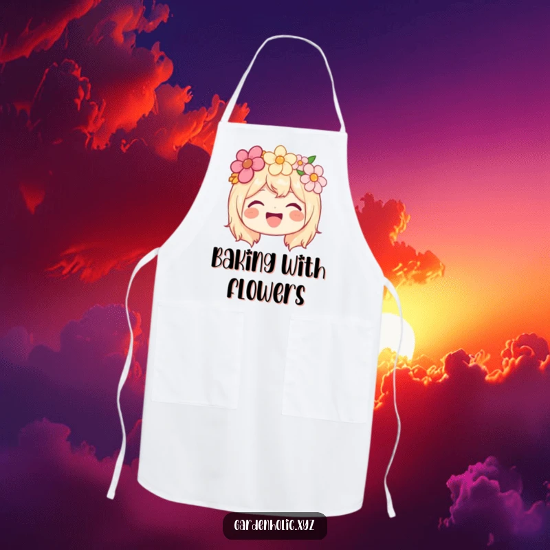 Funny apron with a joyful character wearing a flower crown and beaming, perfect for cheerful cooks.