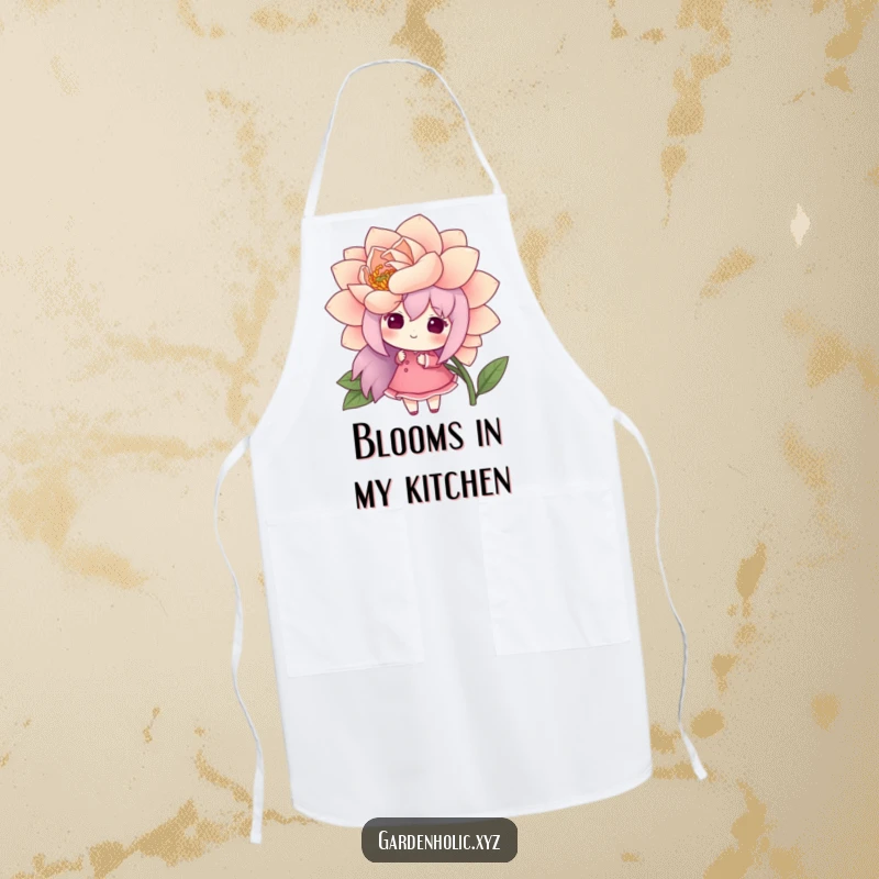Funny apron showing a cheerful character admiring a freshly bloomed, oversized flower, adding humorous nature appreciation to kitchen tasks.