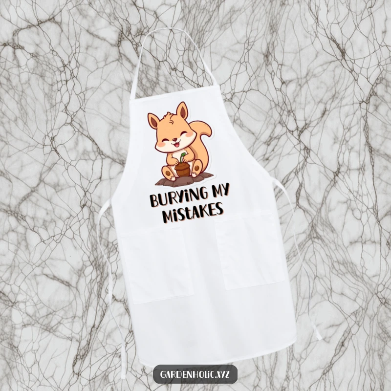 Funny squirrel chef apron, a happy character planting a tiny acorn, ideal for bakers and cooks who love gardening and cute designs.