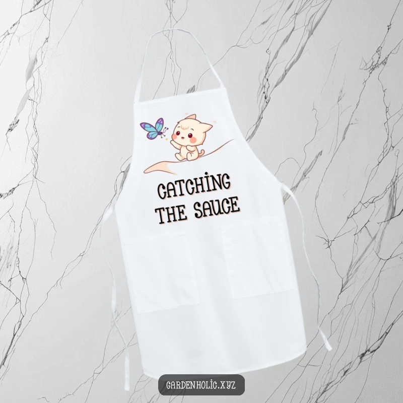 Funny apron with a playful character reaching to catch a fluttering butterfly, ideal for gardening.