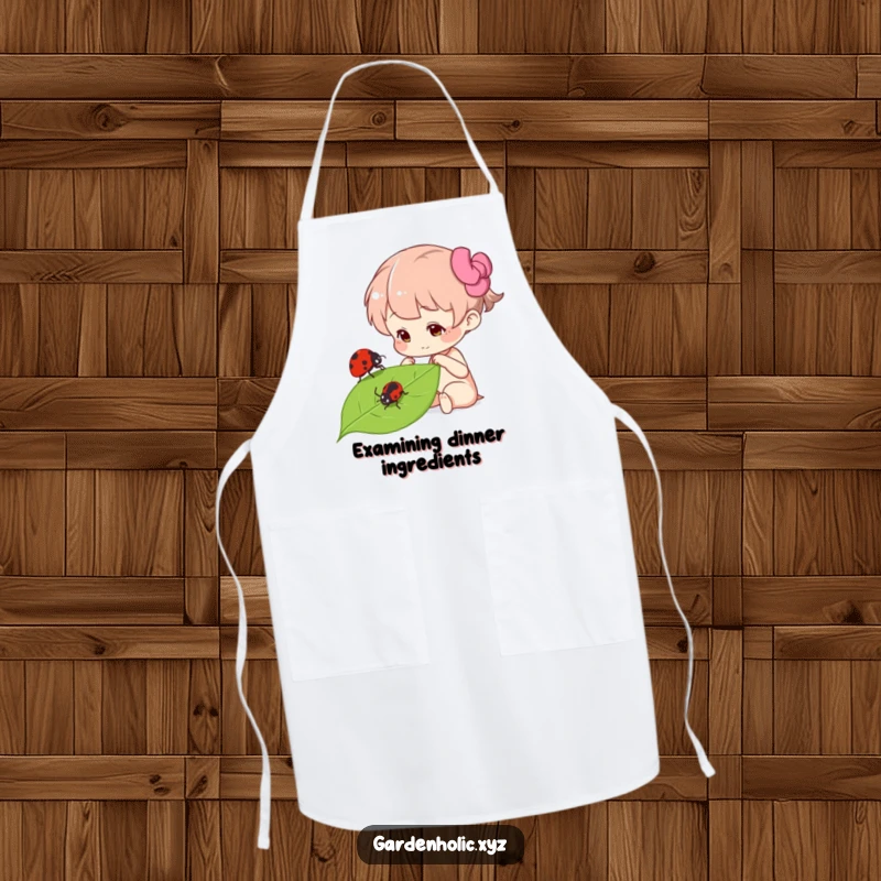 Funny curious character looking at a ladybug on a leaf, designed on a chef's apron, adding wonder and humor to the kitchen, a practical funny gift.
