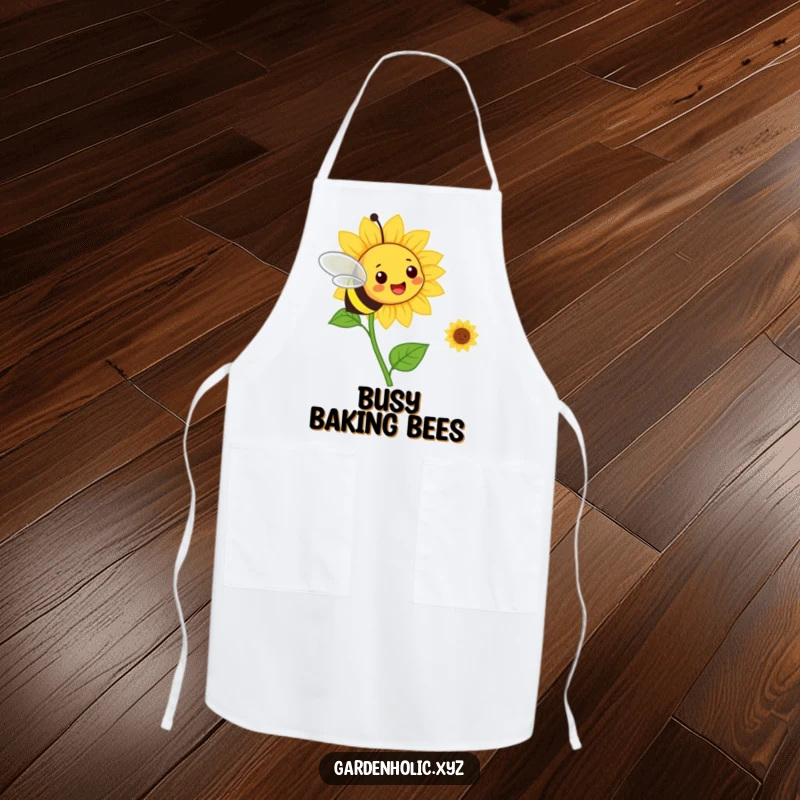 Funny bee flying towards a smiling sunflower on a functional apron. Great for cooks.