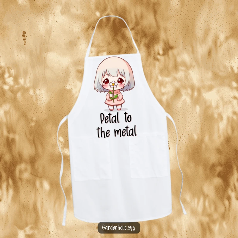 Funny Apron: A character proudly presents a tiny flower, adding a touch of bloom to kitchen tasks.