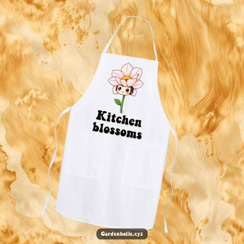 Funny apron depicting a character with a cheerful expression admiring a magnificent, oversized flower.