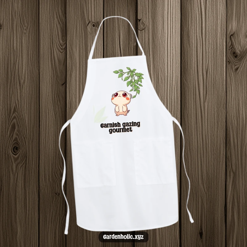 Funny apron decorated with a creature's wide, curious eyes looking up at a hanging plant, perfect for kitchen fun.