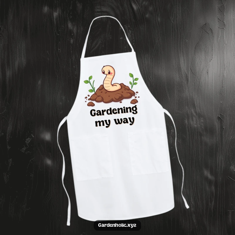 Funny kitchen or garden apron with a cute worm character happily wiggling through soil, a humorous nature accessory.