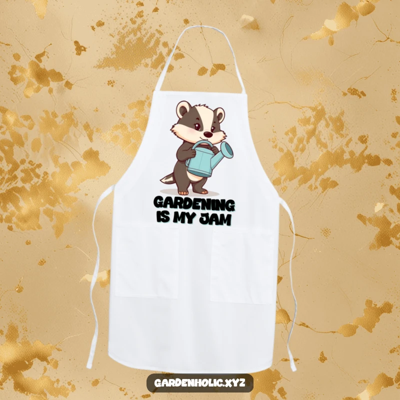 Funny Apron: A resolute badger character carrying a hugely oversized watering can, perfect for kitchen duty with a smile.