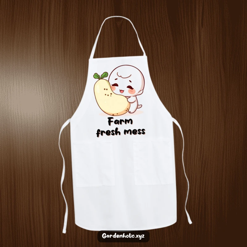 Funny Gardener Apron: A giggling character with dirt smudges admires a vegetable, adding a humorous and protective touch to garden wear.