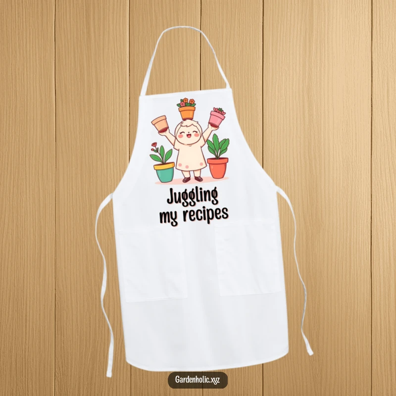 Funny gardener apron with a playful character juggling three colorful flower pots, a humorous funny gift.