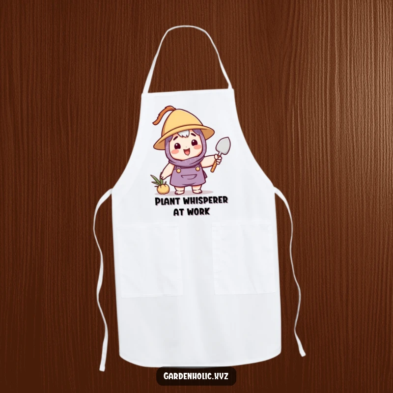 Funny gardener apron featuring a happy character with a hat, holding and waving a small trowel, ideal for cooking or gardening.