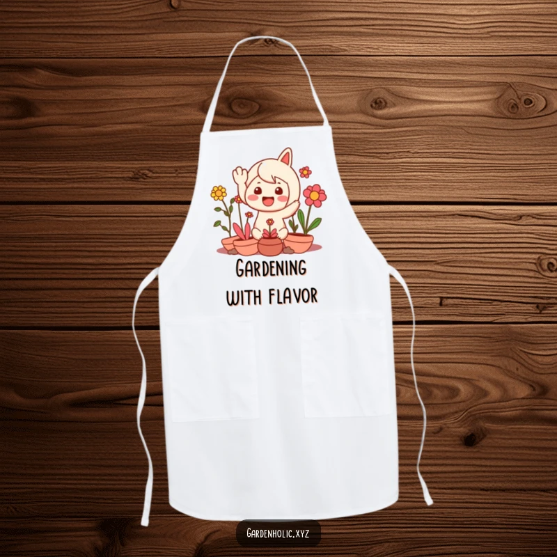 Funny apron showing a character giving a delighted wave, surrounded by a cheerful arrangement of happy plants, perfect for garden work.