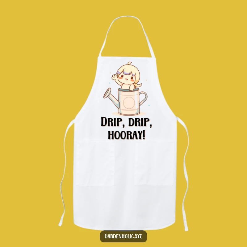 Funny Gardener Apron: Waving Character on Watering Can, Kitchen Gift!