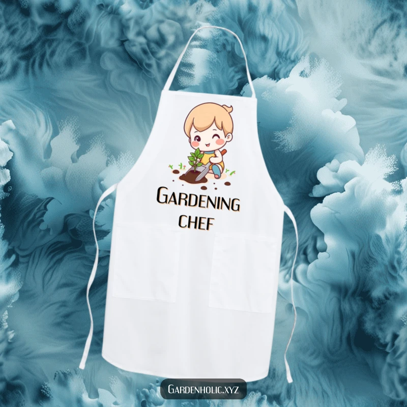 Funny cute character happily planting a tiny seedling with a trowel on a kitchen apron, perfect for gardening and cooking, a funny gift.