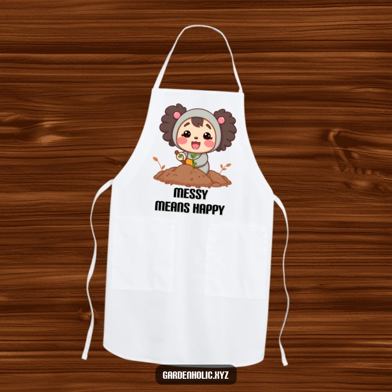 Funny apron decorated with a cheerful character happily digging in good soil, perfect for cooks and gardeners who enjoy humor.