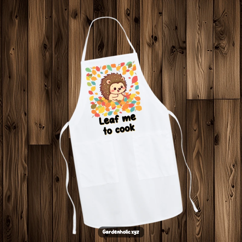 Funny hedgehog apron showing a happy hedgehog rolling through colorful autumn leaves, perfect for a joyful and festive cooking experience.