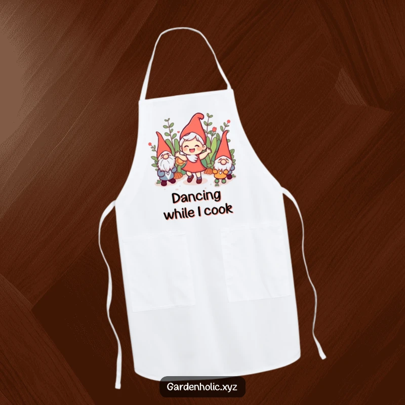 Funny joyful character dancing among garden gnomes, designed on a chef's apron, adding fun and humor to meal prep, a practical funny gift.