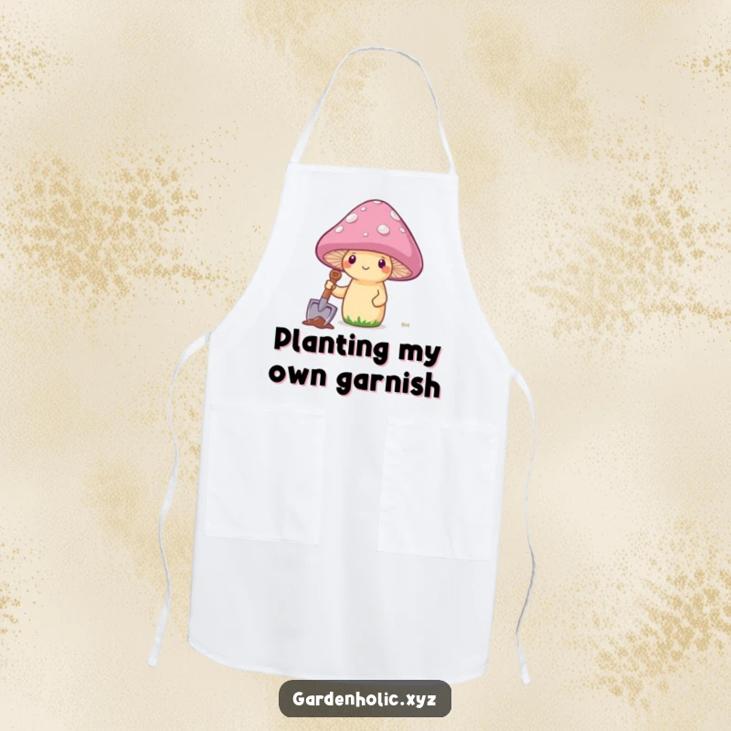 Funny mushroom wearing an apron, humorously planting its cap while cooking, a comical kitchen accessory.