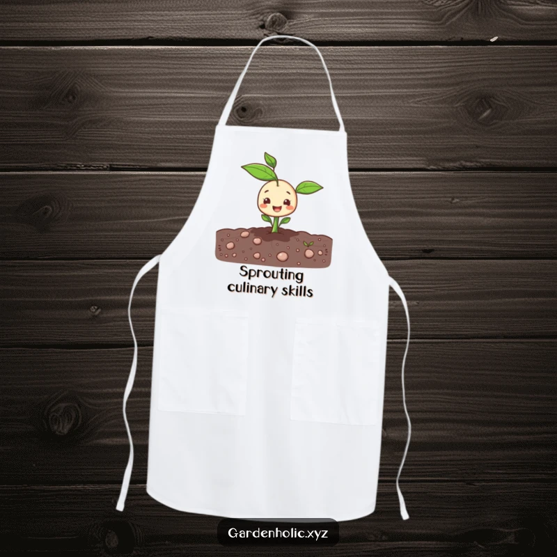 Funny sprout character popping cheerfully out of the ground on a functional apron.