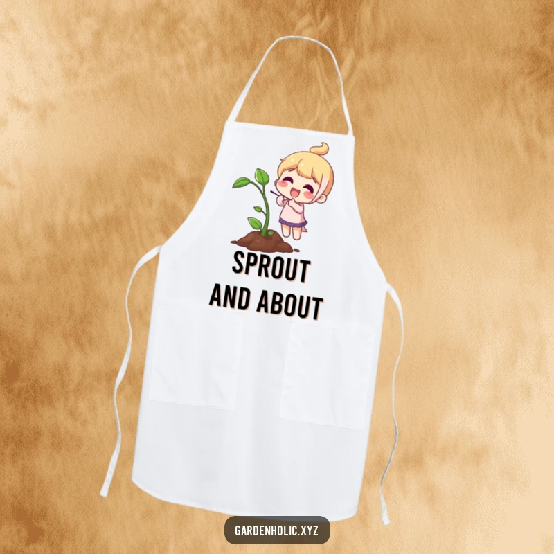 Funny Apron: A character joyfully points to a tiny sprout, bringing growth and cheer to the kitchen.