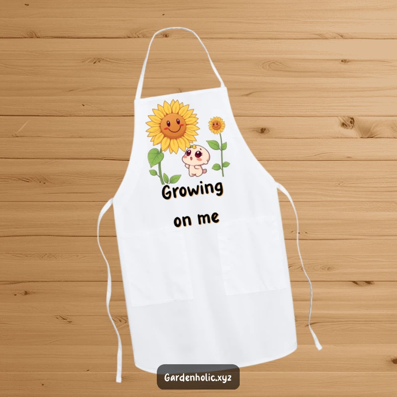 Funny apron showcasing a wide-eyed surprised character looking up at a giant, smiling sunflower, ideal for humorous kitchen activities.