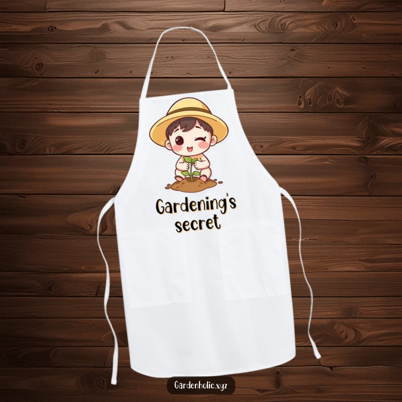 Funny Apron: Character winking under a sun hat while planting a seed, adding humor and protection.
