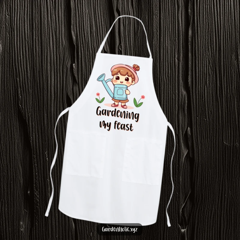 Funny Apron with a smiling character holding a giant watering can, perfect for the plant-loving cook.