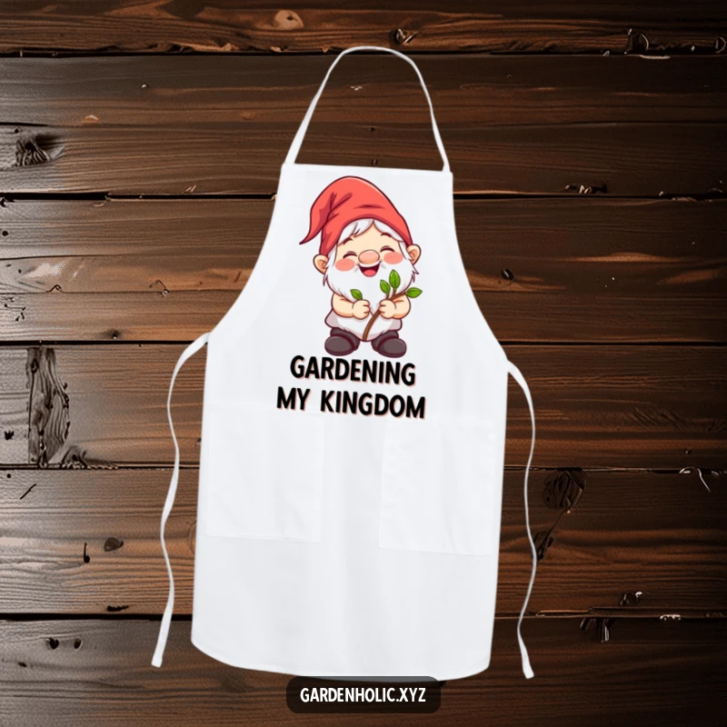 Funny gnome character gleefully holding a sapling, ready for gardening tasks on a functional apron.