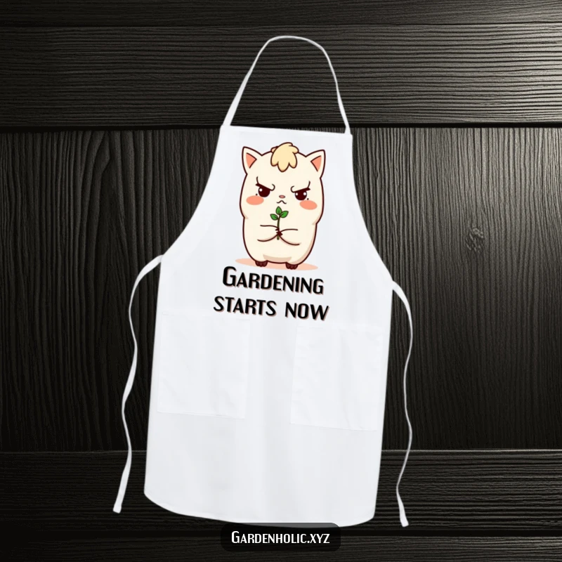 Funny apron featuring a determined character with a tiny sprout, perfect for kitchen duties and adding humor, a practical and funny gift.