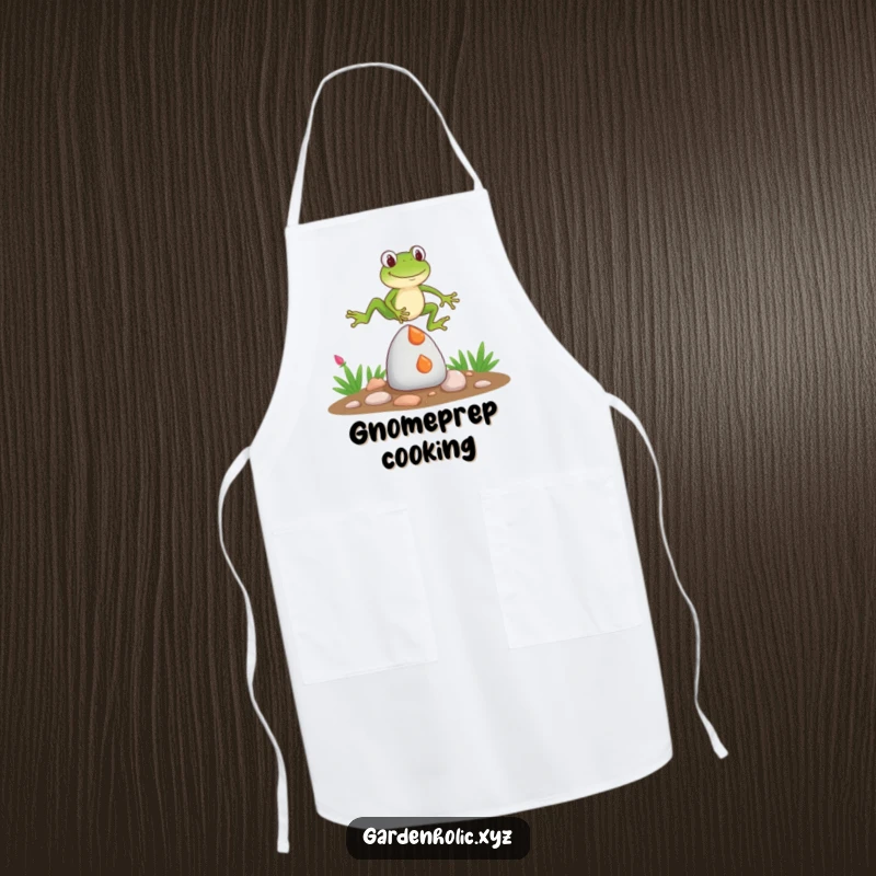 Funny Apron: A frog humorously jumping over a tiny garden gnome, designed for kitchen fun and protecting against spills with style.