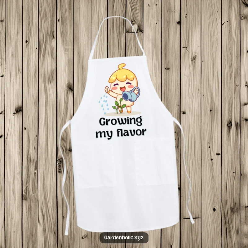 Funny gardener apron with a joyful character happily watering a tiny sprout, a humorous funny gift.