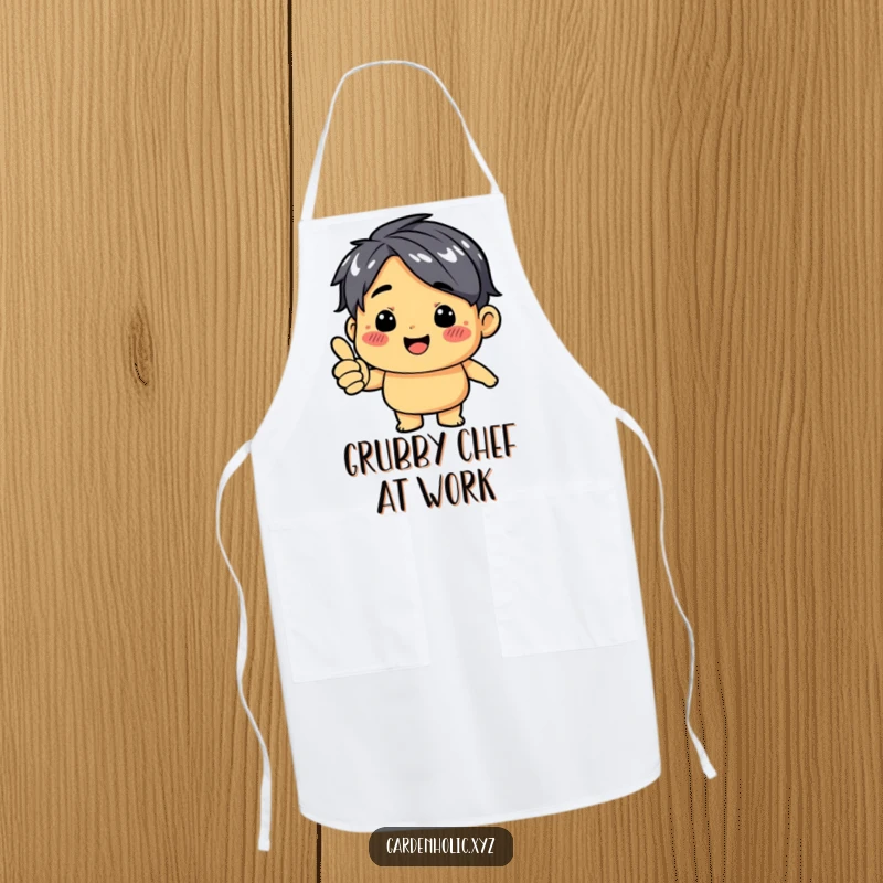 Funny apron with a dirt-smudged character giving a thumbs up, perfect for messy cooking or gardening tasks.