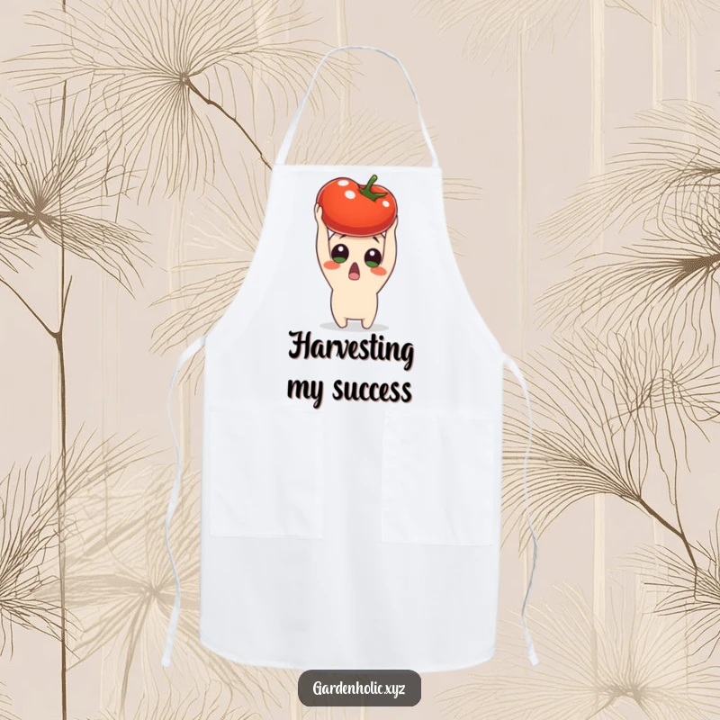 Funny surprised character holding a ripe tomato overhead, designed on a chef's apron, adding fun and humor to meal prep, a practical funny gift.