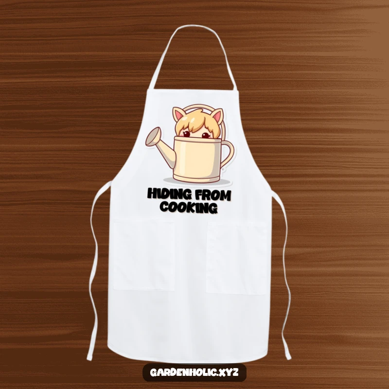 Funny apron with a mischievous character hiding behind a giant watering can, perfect for gardening.