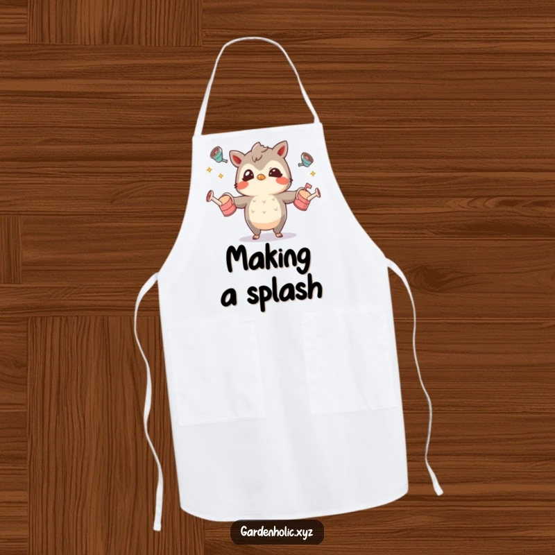 Funny apron featuring a mischievous character juggling small watering cans, perfect for a playful gardening experience.