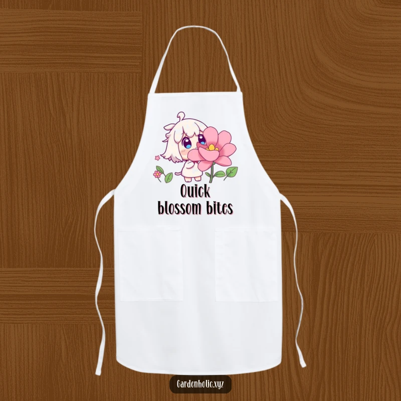 Funny apron featuring a surprised character watching a flower bloom rapidly, perfect for kitchen fun and spreading smiles, a practical and funny gift.