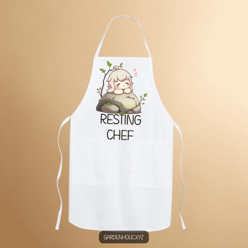 Funny apron showing a character in a state of peaceful repose, sighing contentedly on a mossy stone.