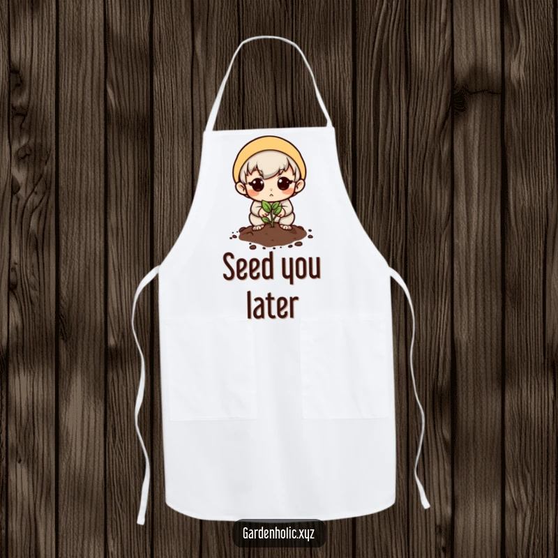 Funny apron with a determined character planting a tiny seed, perfect for kitchen tasks with a hopeful message.