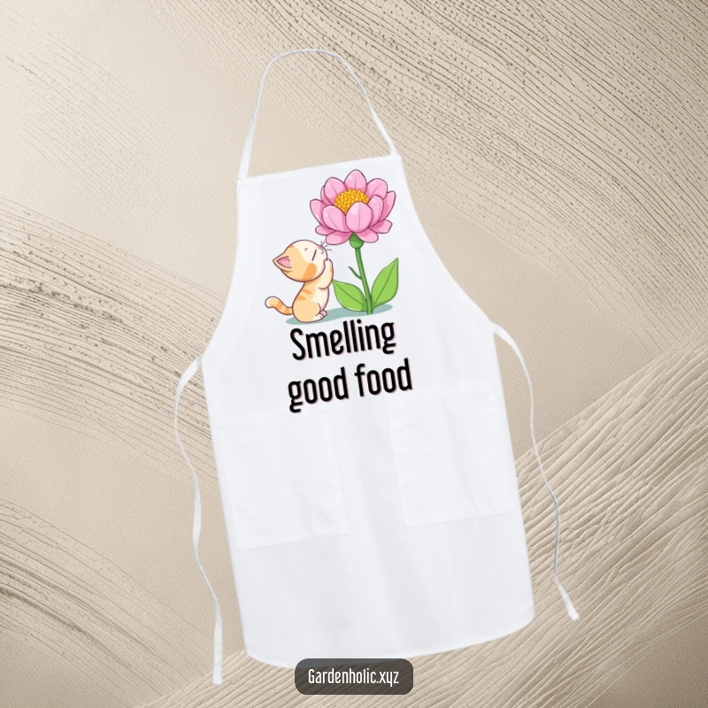 Funny cat apron showing a curious cat sniffing a giant blooming flower with wonder, perfect for a whimsical and curious cooking experience.