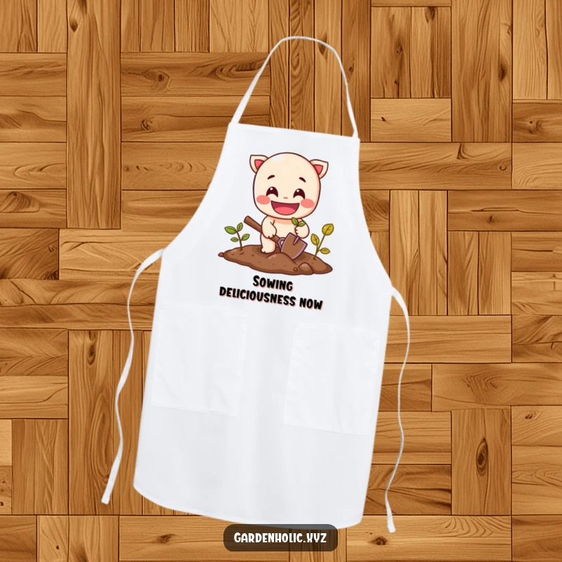 Funny apron showing a cheerful character with a wide grin planting a seed with a small shovel.