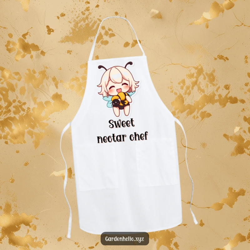 Funny apron showing a character giggling contently while gently holding a buzzing bumblebee, ideal for cooks and gardeners.