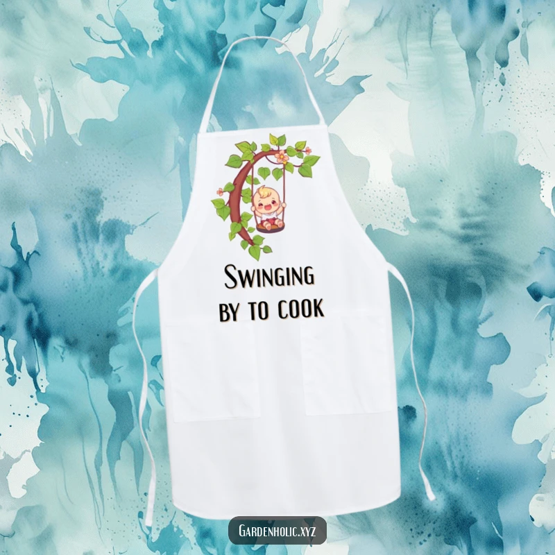 Funny adventure apron with a happy character sliding down a vine like a playful swing, a humorous funny gift.