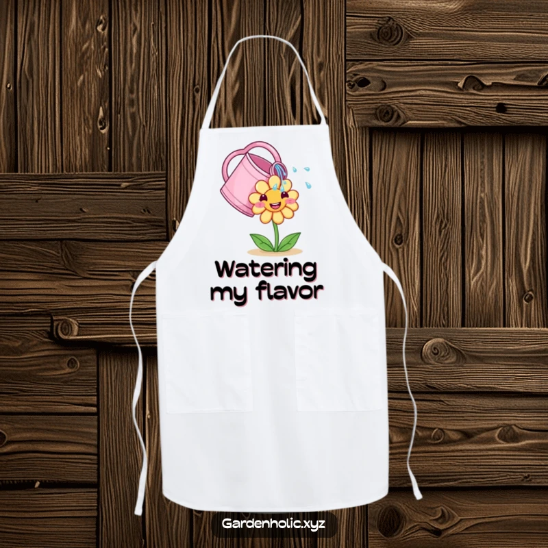 Funny Apron: A cute watering can showers a smiling flower, a humorous and protective apron for gardeners.
