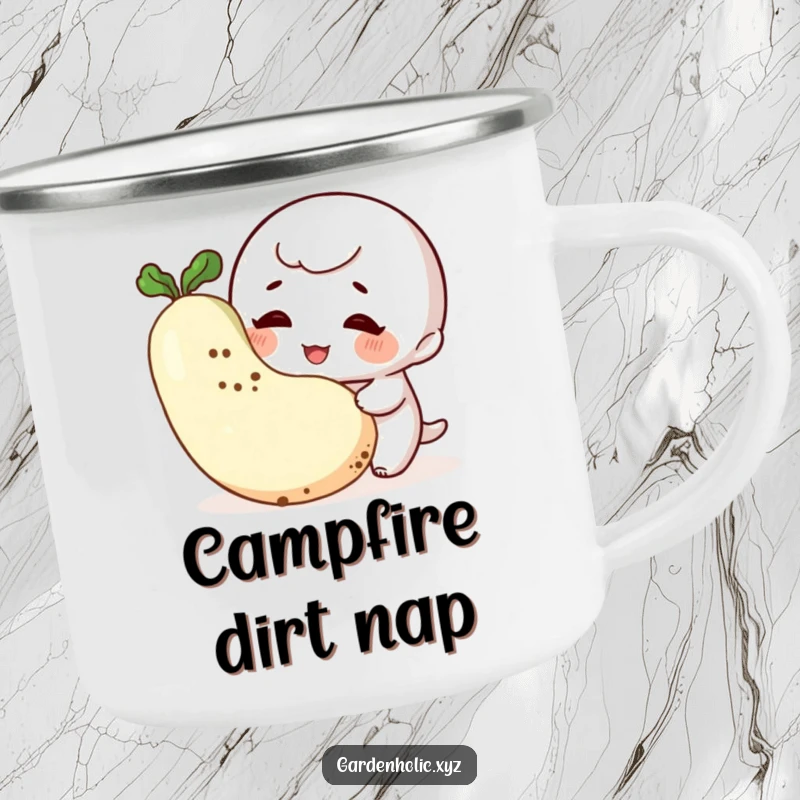 Funny Gardener Camping Mug: A giggling character with dirt smudges admires a vegetable, making this rugged mug a fun garden companion.