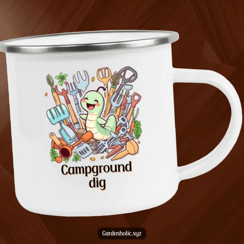 Funny camping mug with a giggling worm joyfully swimming through a pile of gardening tools, perfect for outdoor fun.