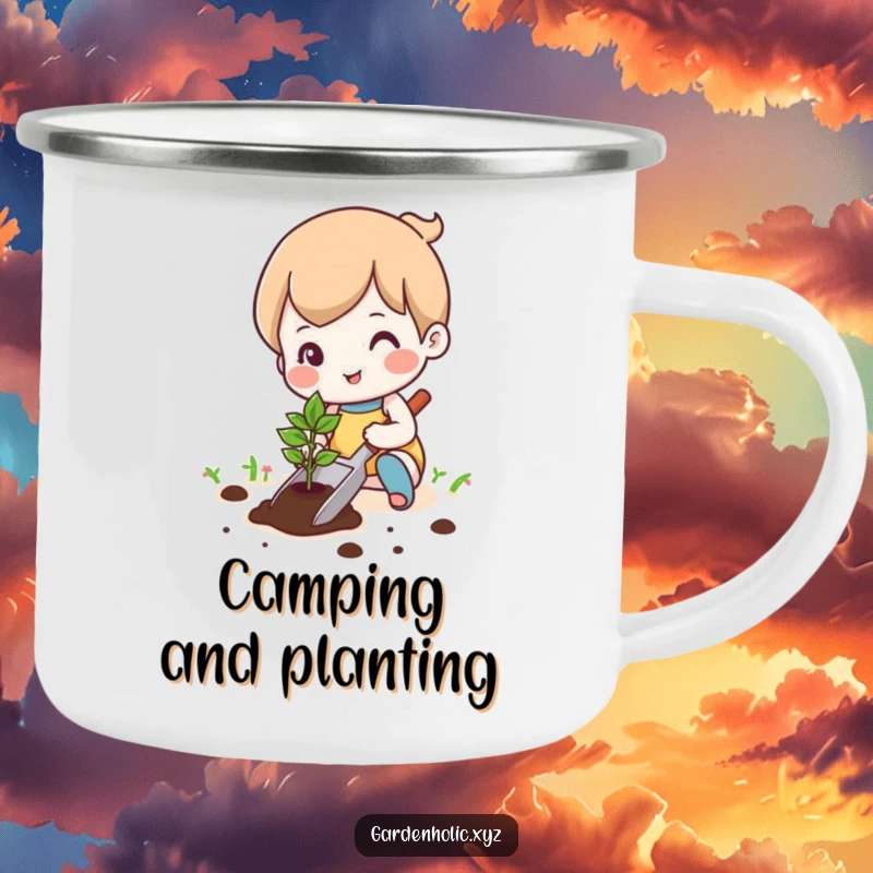 Funny cute character happily planting a tiny seedling with a trowel on a camping mug, for outdoor joy and gardening, a perfect funny gift.