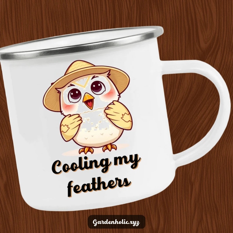 Funny owl camping mug, a happy character in a straw hat fanning itself, perfect for outdoor lovers who enjoy humorous and cool designs.