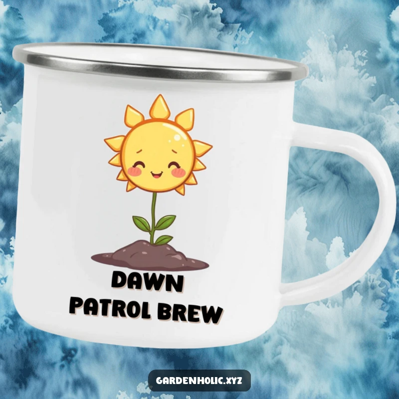 Funny camping mug with a smiling sun character shining warmly on a plant, bringing cheerful humor to outdoor settings.