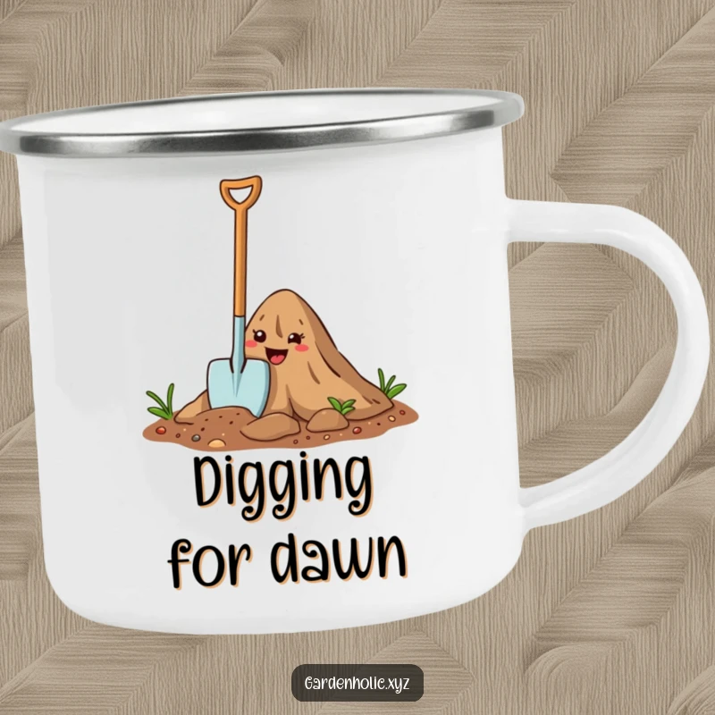 Funny Camping Mug: A happy cartoon trowel digs into soil, perfect for enjoying beverages during outdoor adventures.