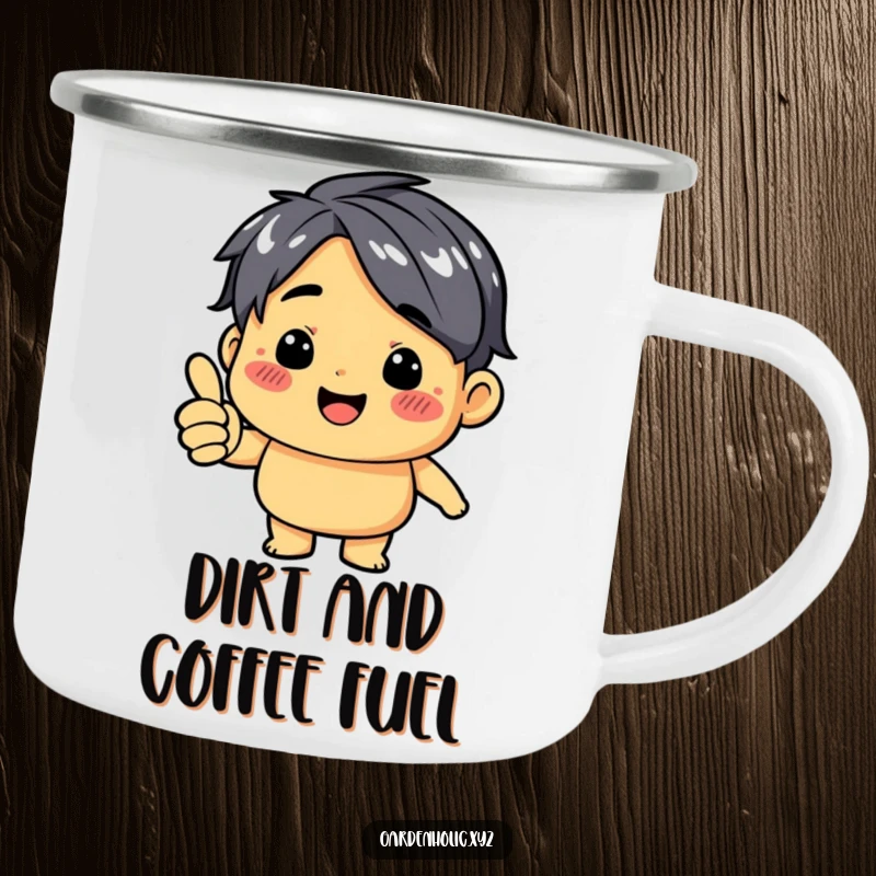 Funny camping mug featuring a dirt-smudged character giving a thumbs up, perfect for outdoor beverage enjoyment.