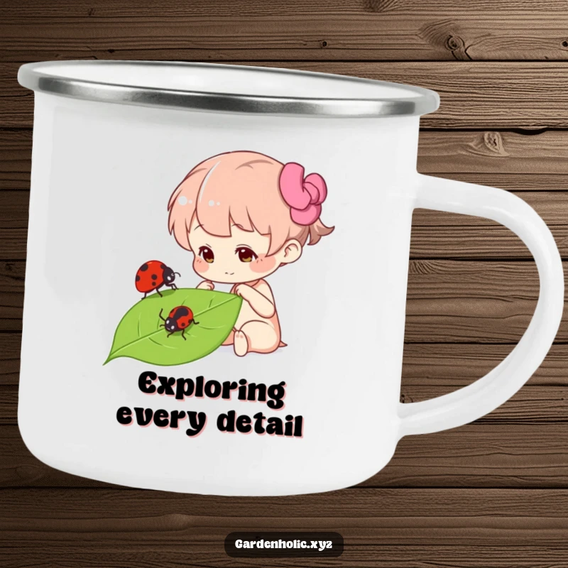 Funny curious character observing a ladybug on a leaf, depicted on a sturdy camping mug, ready for nature's wonders and giggles, a durable funny gift.